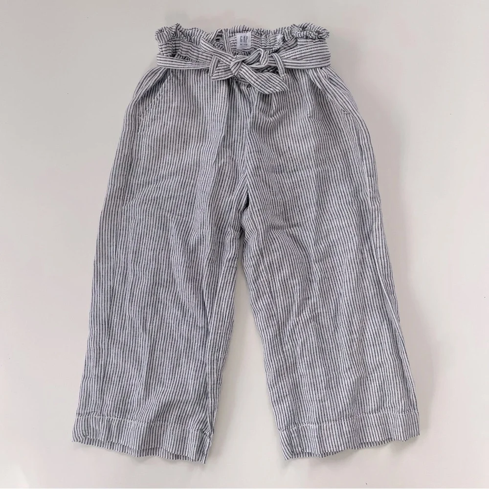 GAP Kids Girls White Gray Striped Linen Blend Paper Bag Cropped Pants MEDIUM